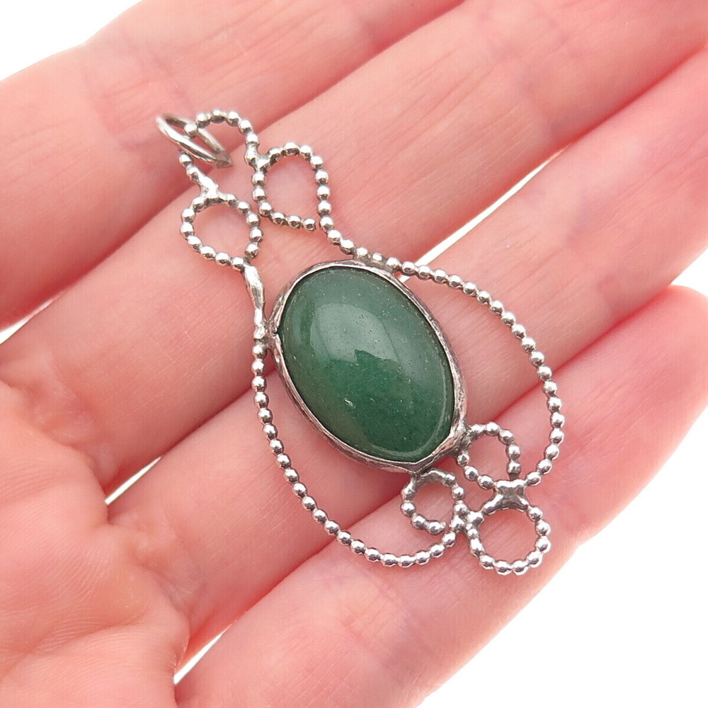 925 Sterling Silver Vintage Real Cabochon Aventurine Ornate Charm Pendant